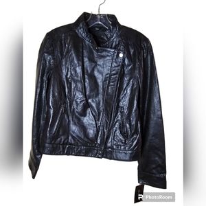 Black Rivet woman's black long-sleeved leather moto jacket size S